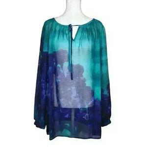 Jones New York Womens Blue Green Pullover Sheer Top Large